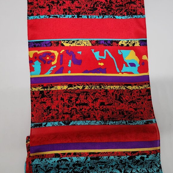Bright Multicolor Abstract Pattern Silk Scarf With Red Teal Base Rectangle - Picture 6 of 8